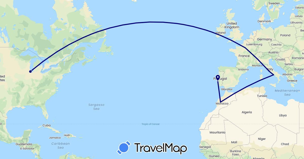 TravelMap itinerary: driving in France, Italy, Morocco, Portugal, United States (Africa, Europe, North America)